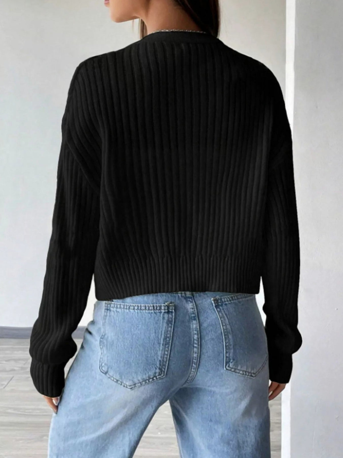 Ribbed Knit V Neck Button Cardigan