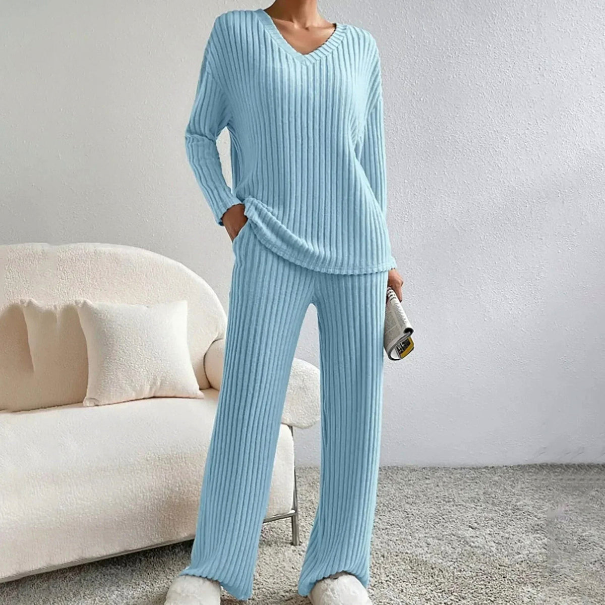 Ribbed Knit Wide Leg Matching Set