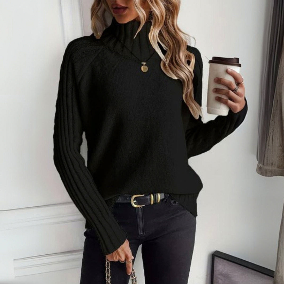Ribbed Mock Neck Knit Sweater