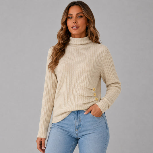 Ribbed Turtleneck Button Detail Sweater
