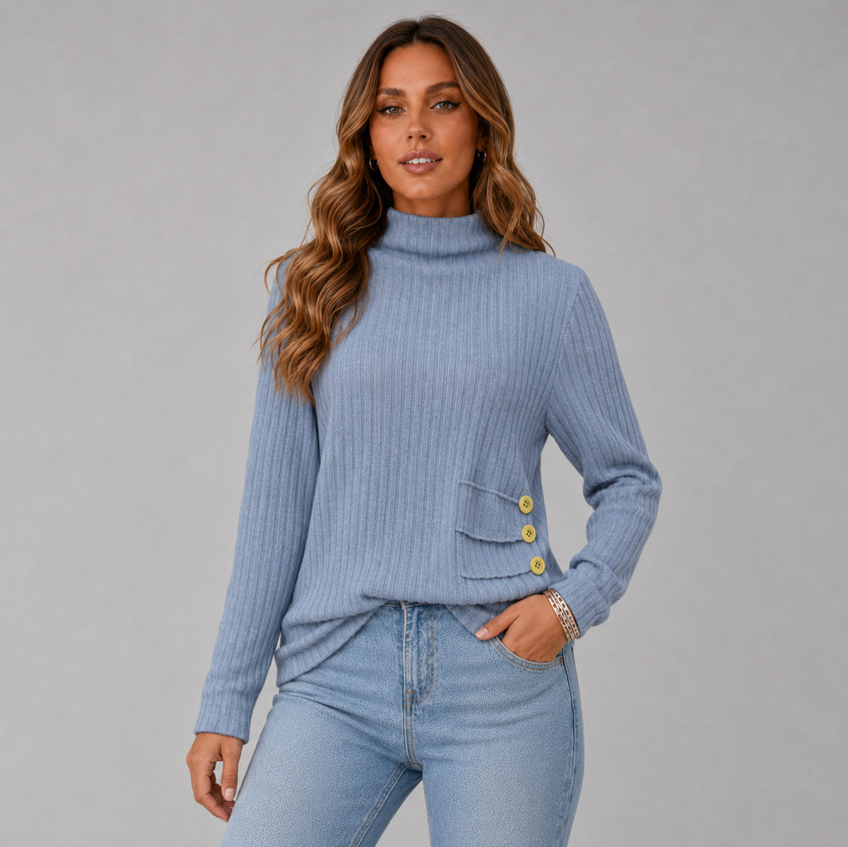 Ribbed Turtleneck Button Detail Sweater