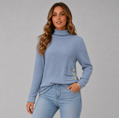 Ribbed Turtleneck Button Detail Sweater