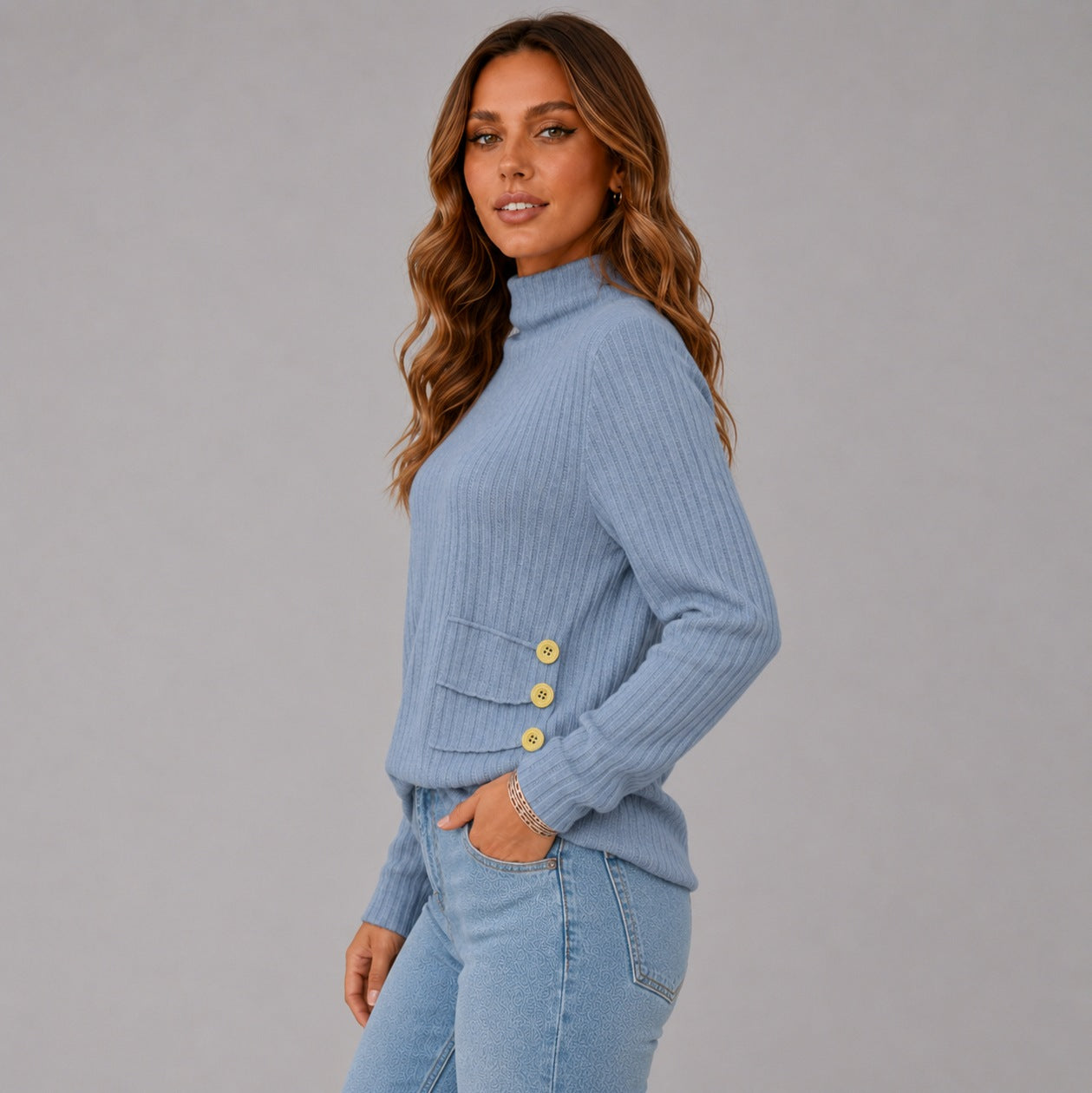 Ribbed Turtleneck Button Detail Sweater