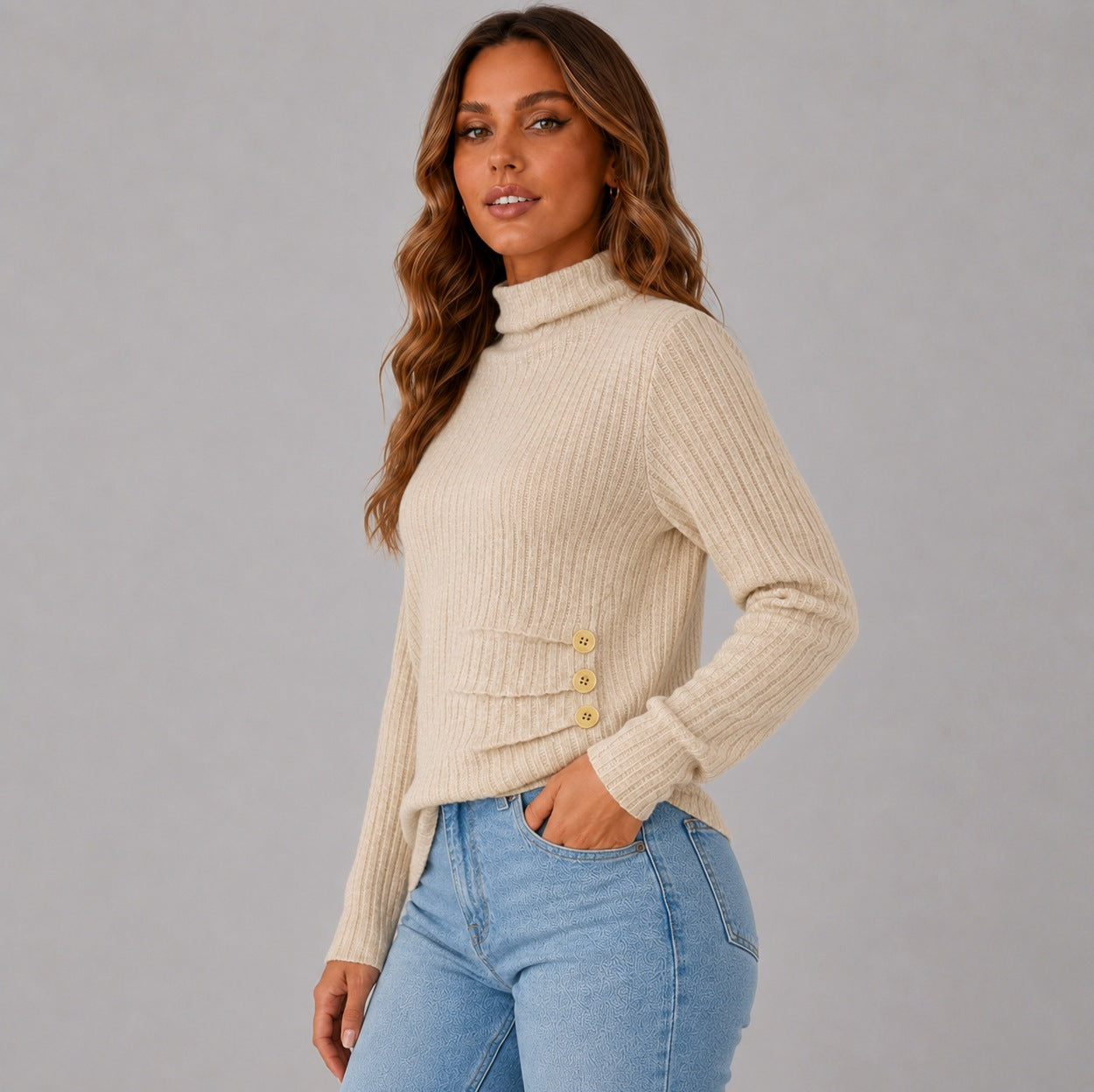 Ribbed Turtleneck Button Detail Sweater