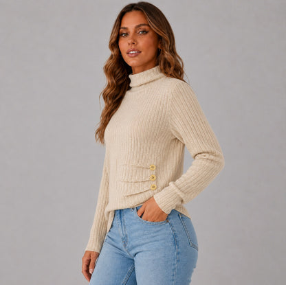 Ribbed Turtleneck Button Detail Sweater