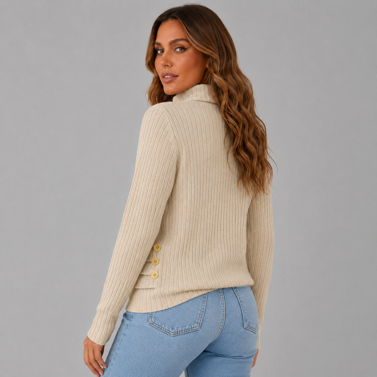 Ribbed Turtleneck Button Detail Sweater
