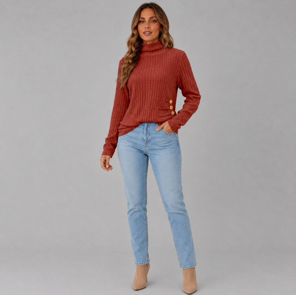 Ribbed Turtleneck Button Detail Sweater