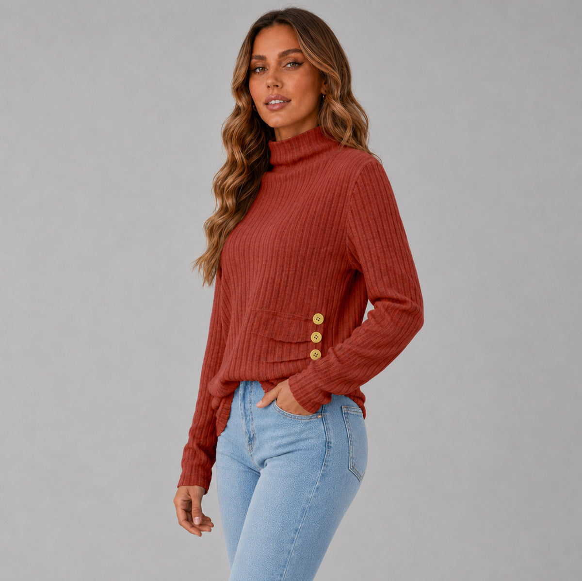 Ribbed Turtleneck Button Detail Sweater