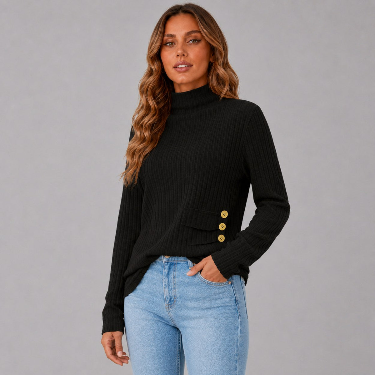 Ribbed Turtleneck Button Detail Sweater