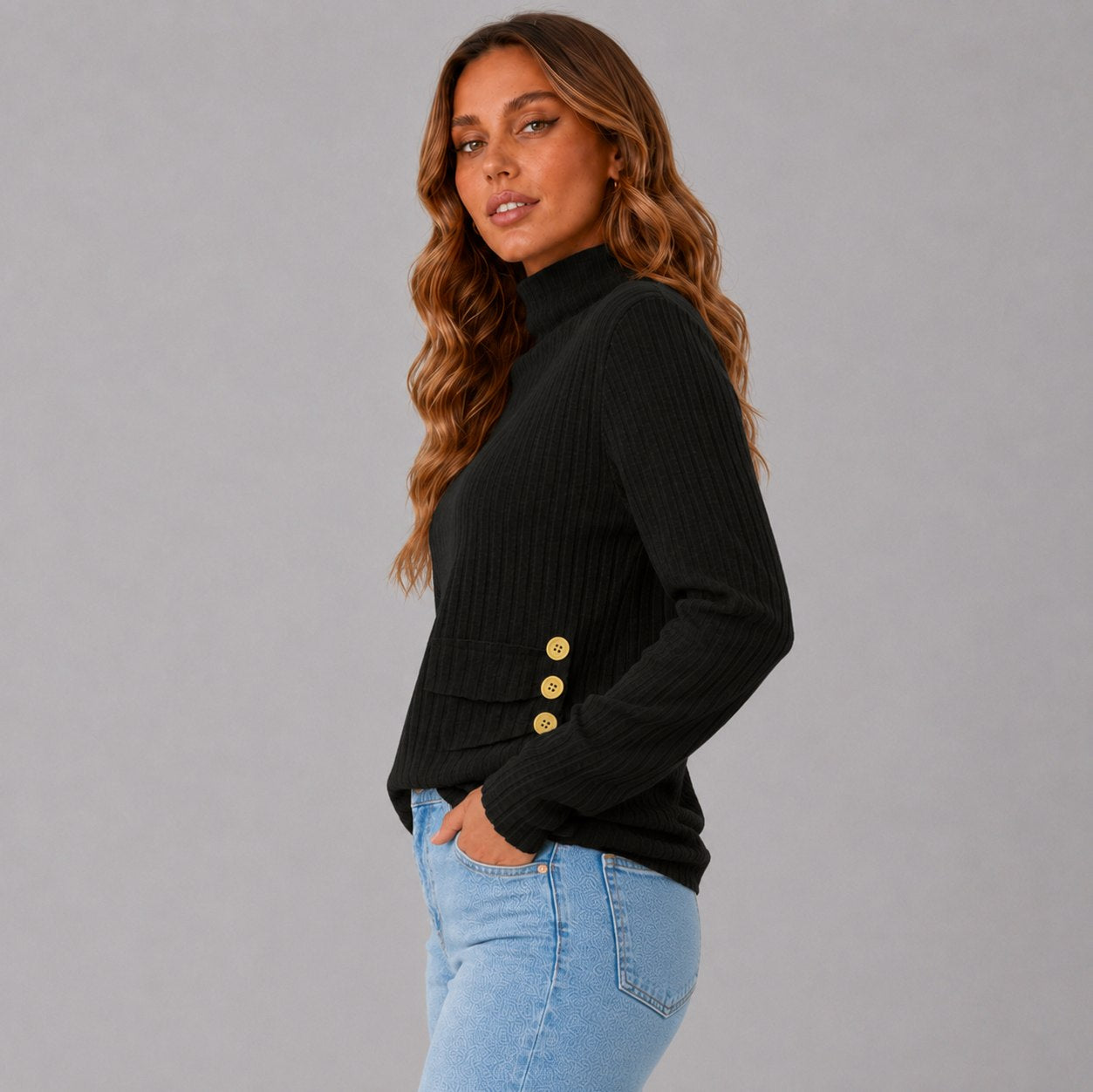 Ribbed Turtleneck Button Detail Sweater