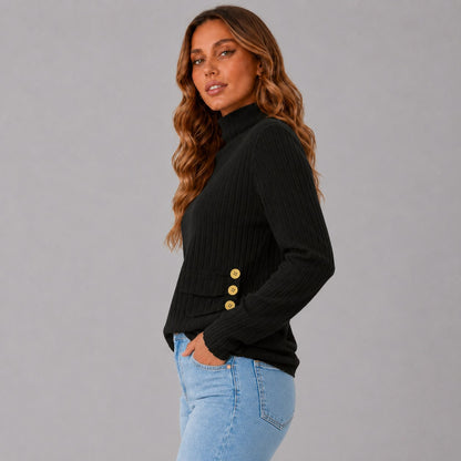 Ribbed Turtleneck Button Detail Sweater