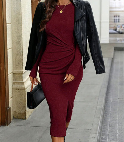Ribbed Twist Front Midi Sweater Dress