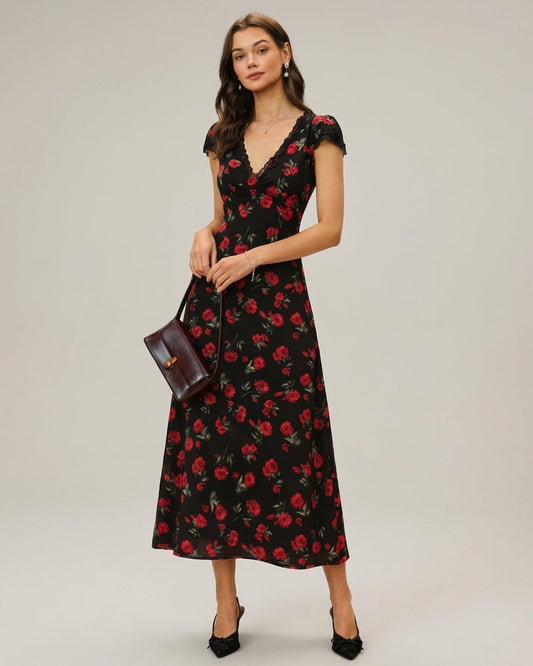 Black - A woman wearing a black midi-length dress with a red rose print, featuring a lace-trimmed V-neckline, cap sleeves, and a fluid A-line skirt.