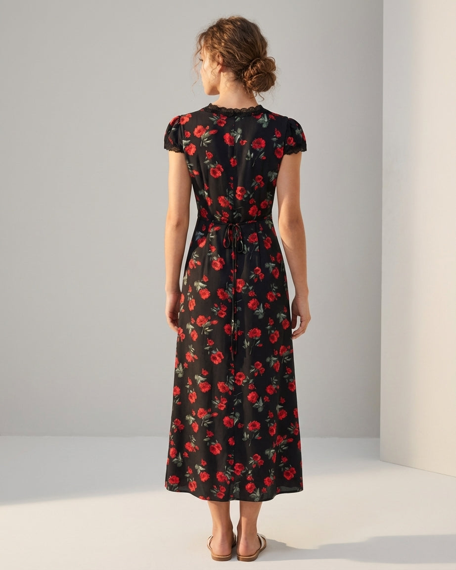 Black - A woman wearing a black midi-length dress with a red rose print, featuring a lace-trimmed V-neckline, cap sleeves, and a fluid A-line skirt.