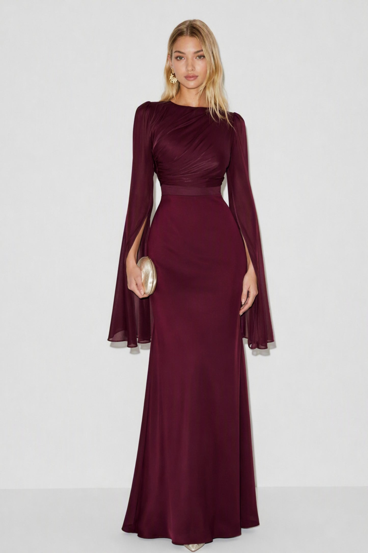 Ruched Long Sleeve Cape Maxi Dress