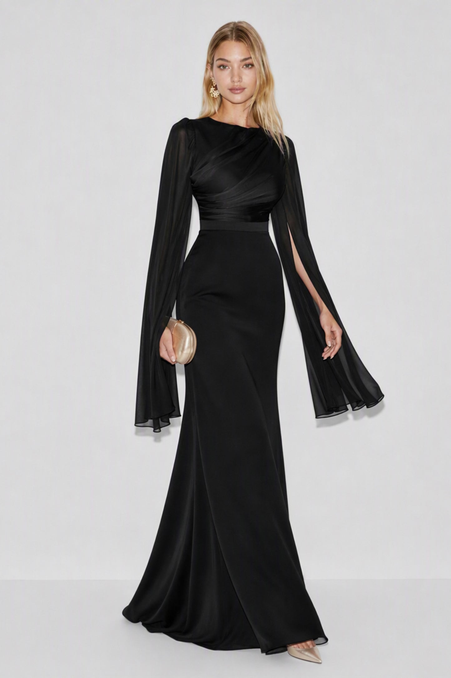 Ruched Long Sleeve Cape Maxi Dress