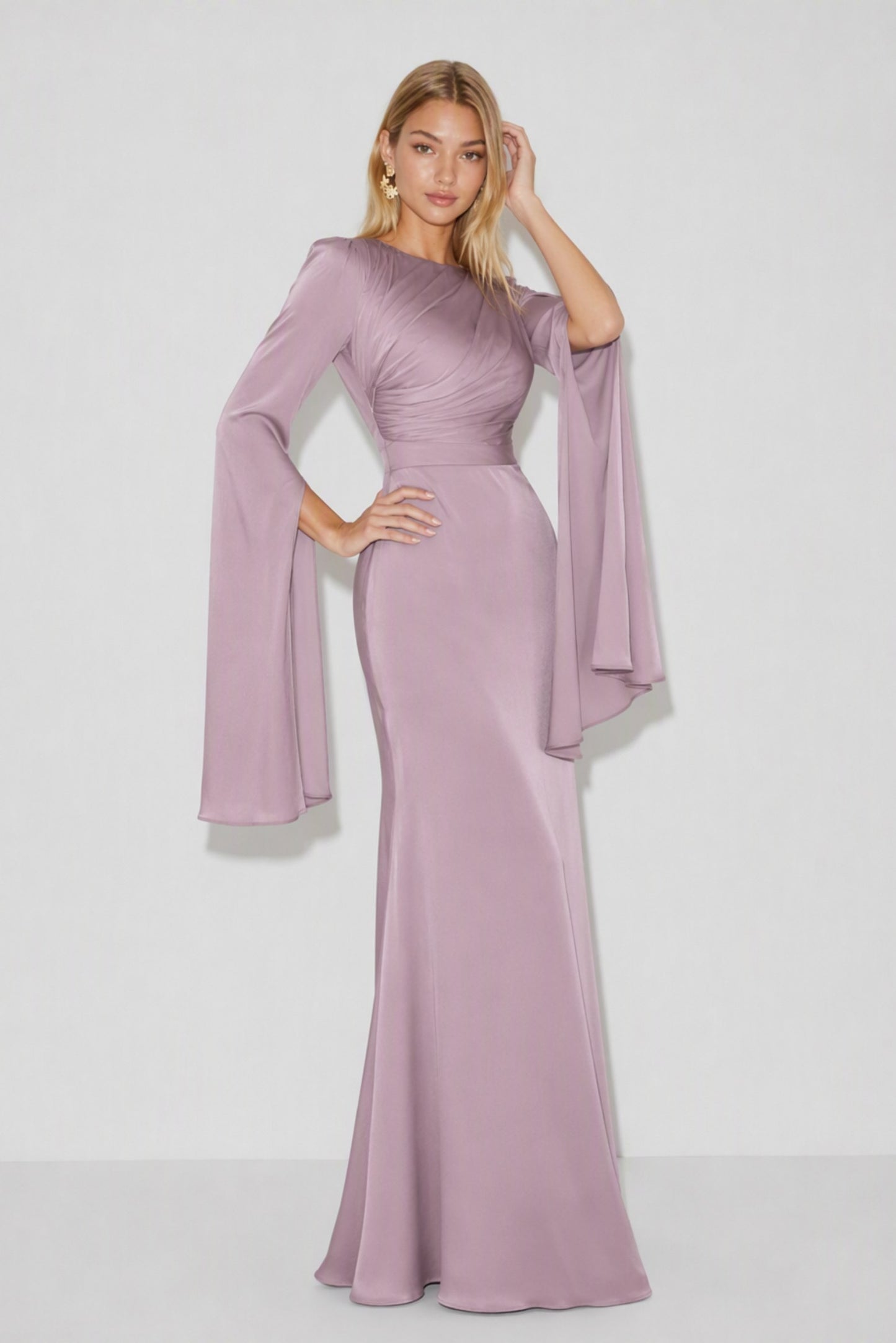 Ruched Long Sleeve Cape Maxi Dress