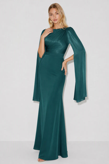 Ruched Long Sleeve Cape Maxi Dress