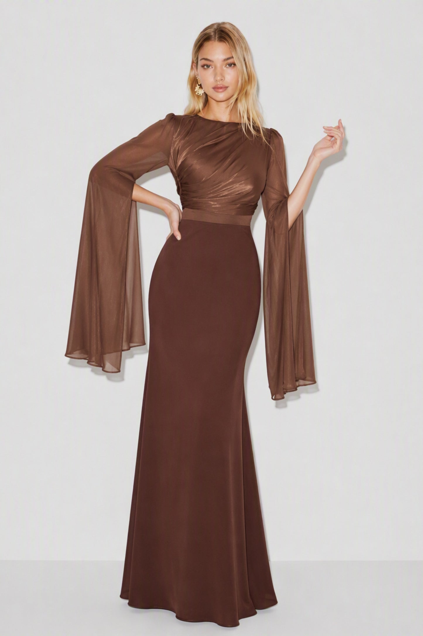 Ruched Long Sleeve Cape Maxi Dress
