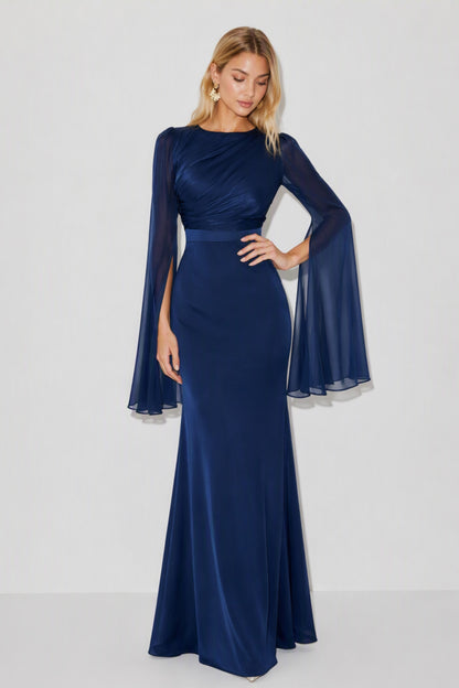 Ruched Long Sleeve Cape Maxi Dress