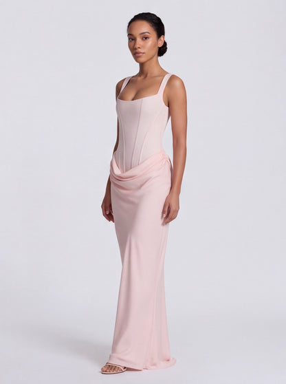 Satin Corset Bodice Square Neck Maxi Dress