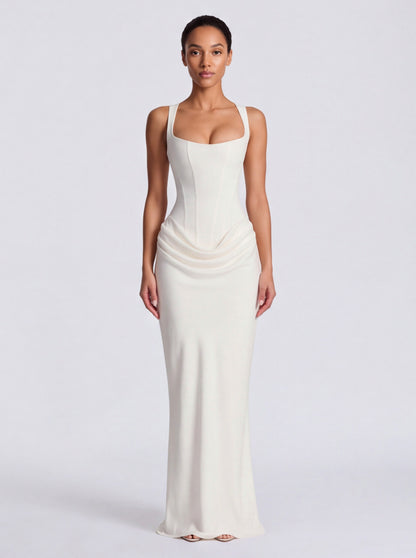 Satin Corset Bodice Square Neck Maxi Dress