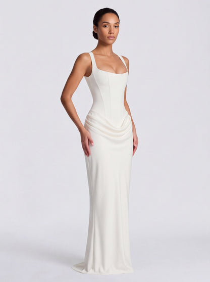 Satin Corset Bodice Square Neck Maxi Dress