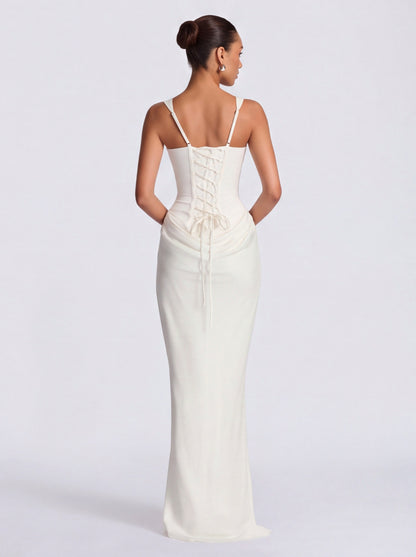 Satin Corset Bodice Square Neck Maxi Dress