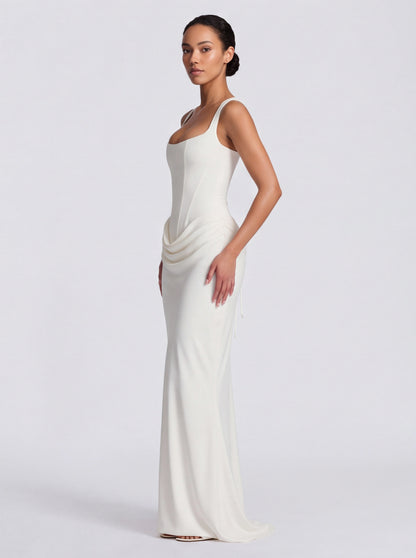 Satin Corset Bodice Square Neck Maxi Dress