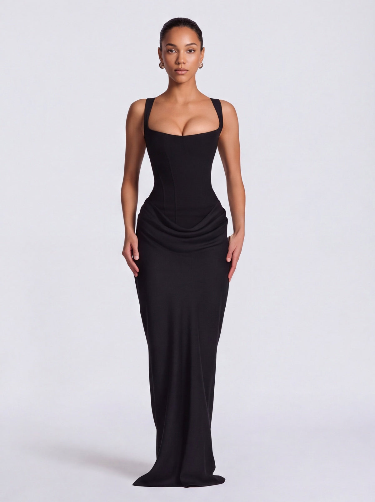Satin Corset Bodice Square Neck Maxi Dress