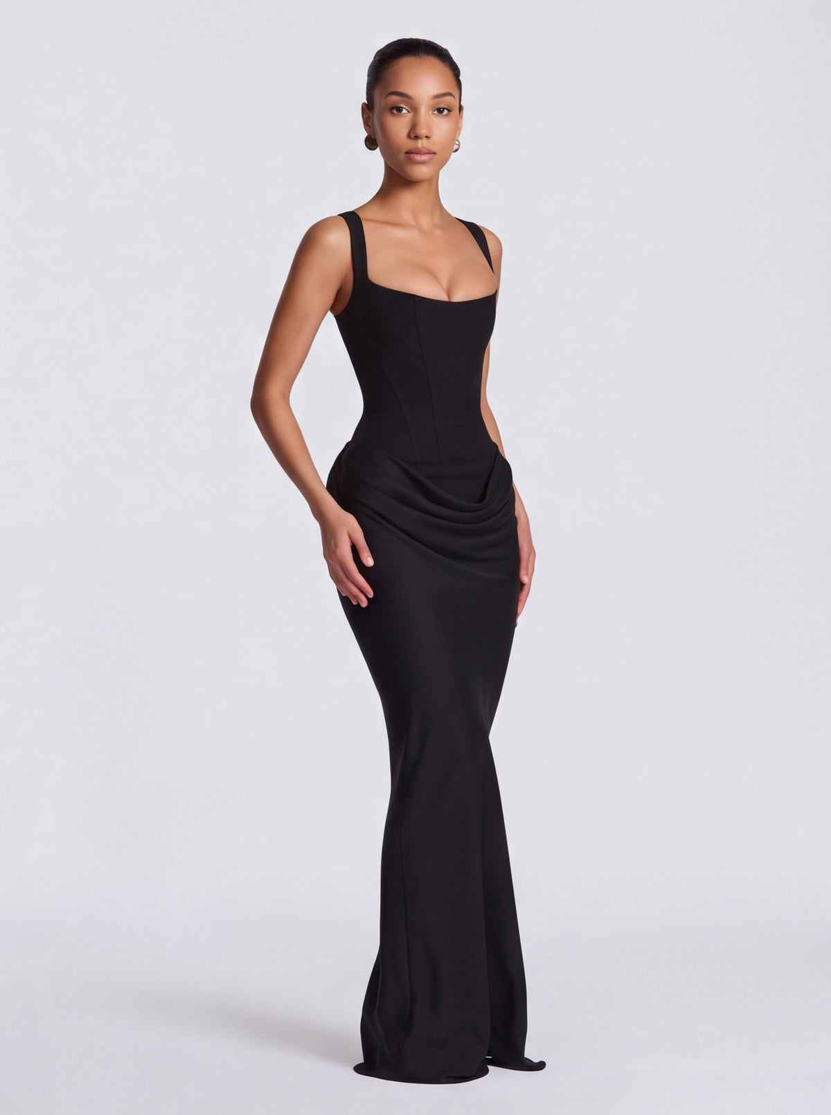 Satin Corset Bodice Square Neck Maxi Dress