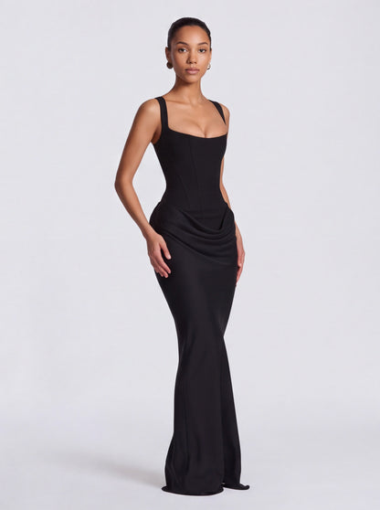 Satin Corset Bodice Square Neck Maxi Dress