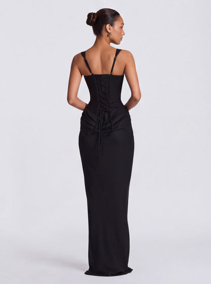 Satin Corset Bodice Square Neck Maxi Dress