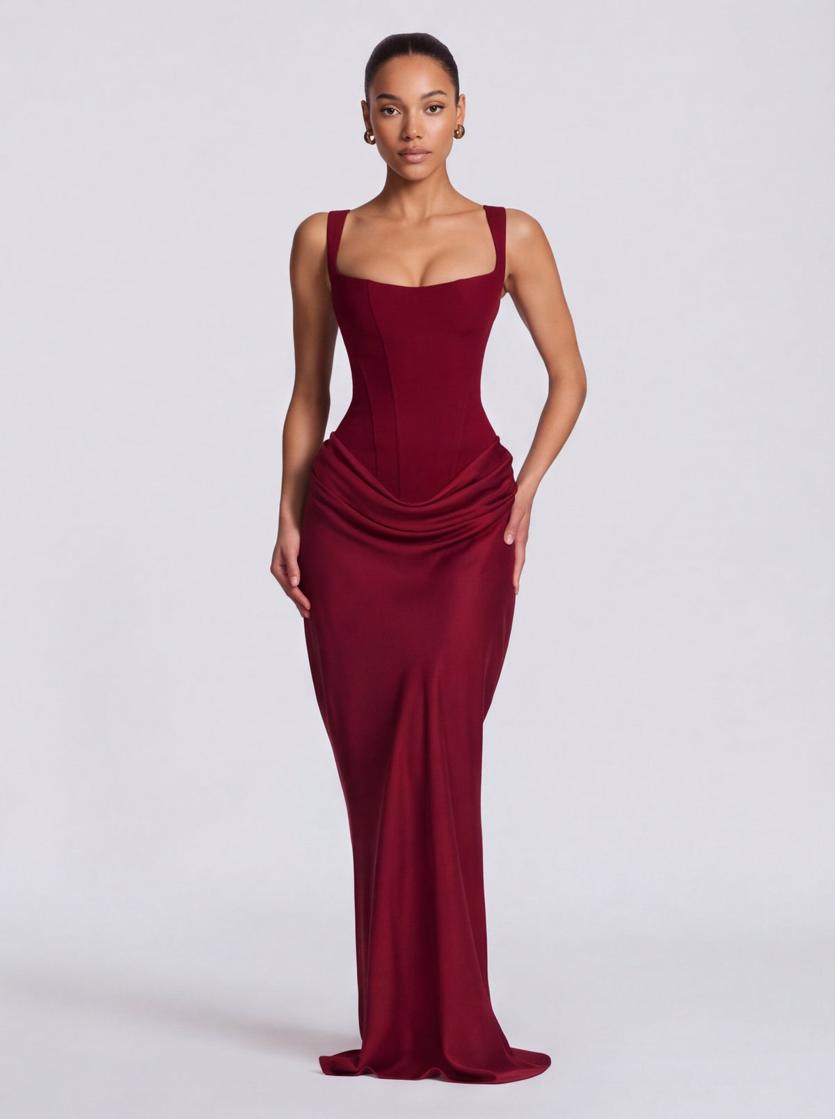 Satin Corset Bodice Square Neck Maxi Dress