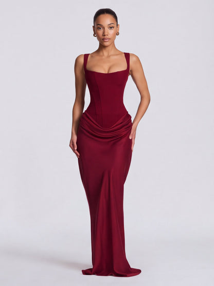 Satin Corset Bodice Square Neck Maxi Dress