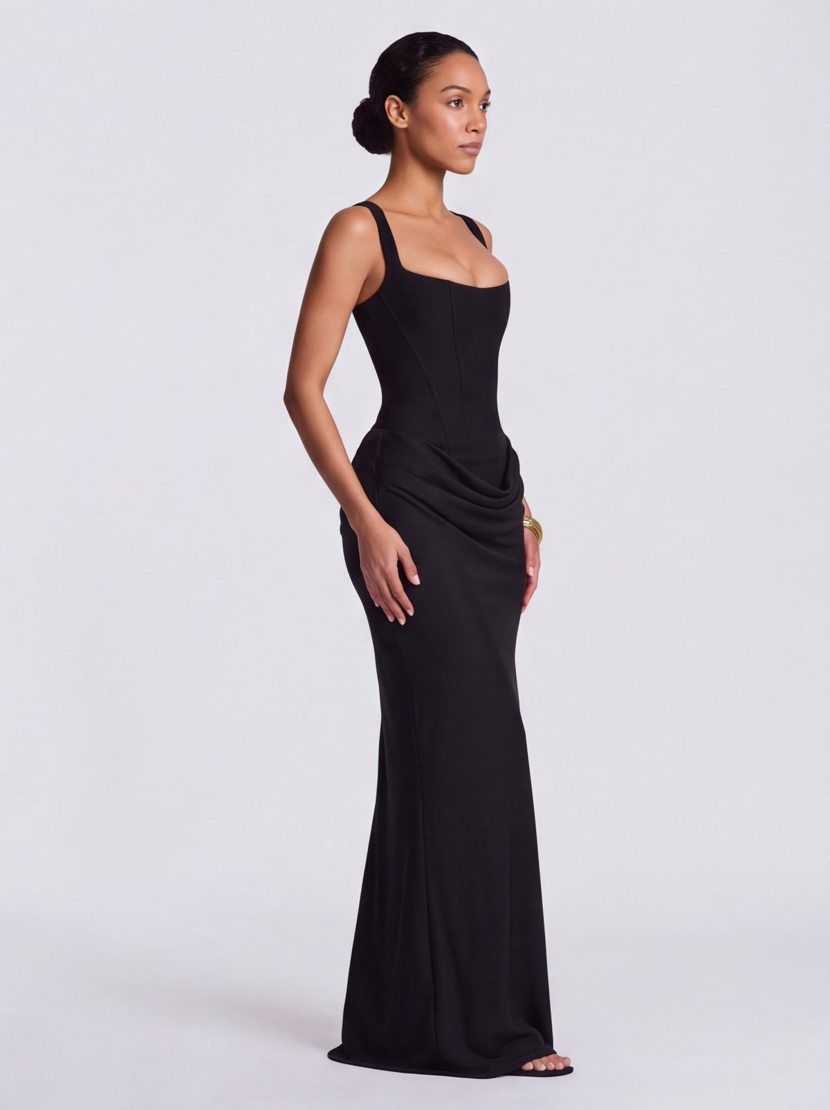 Satin Corset Bodice Square Neck Maxi Dress