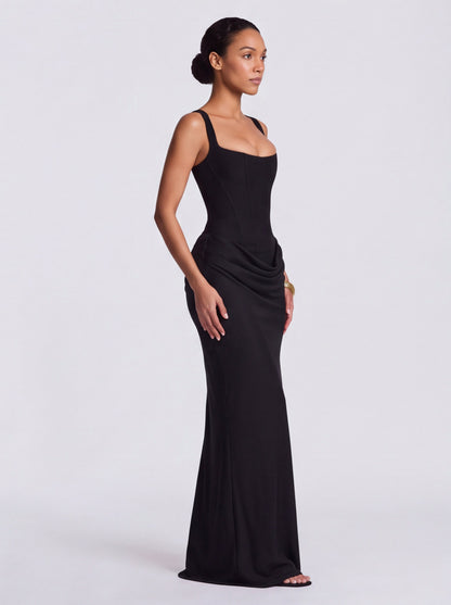 Satin Corset Bodice Square Neck Maxi Dress