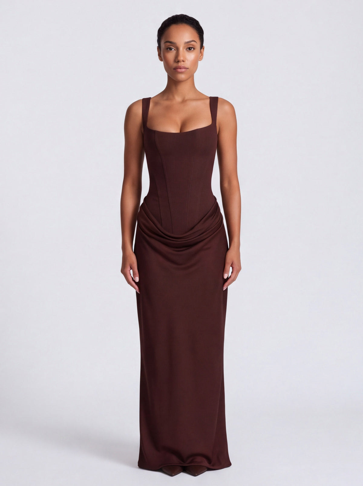 Satin Corset Bodice Square Neck Maxi Dress