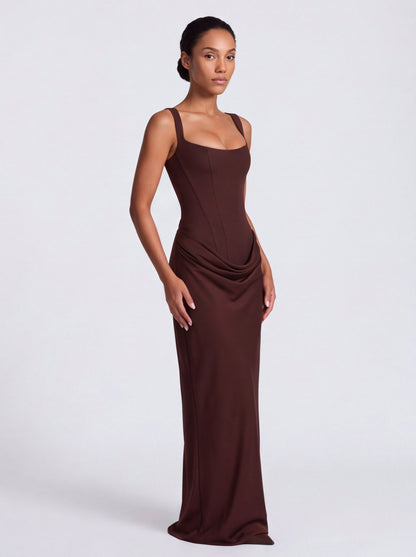 Satin Corset Bodice Square Neck Maxi Dress