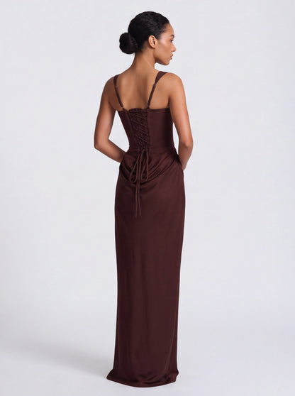 Satin Corset Bodice Square Neck Maxi Dress
