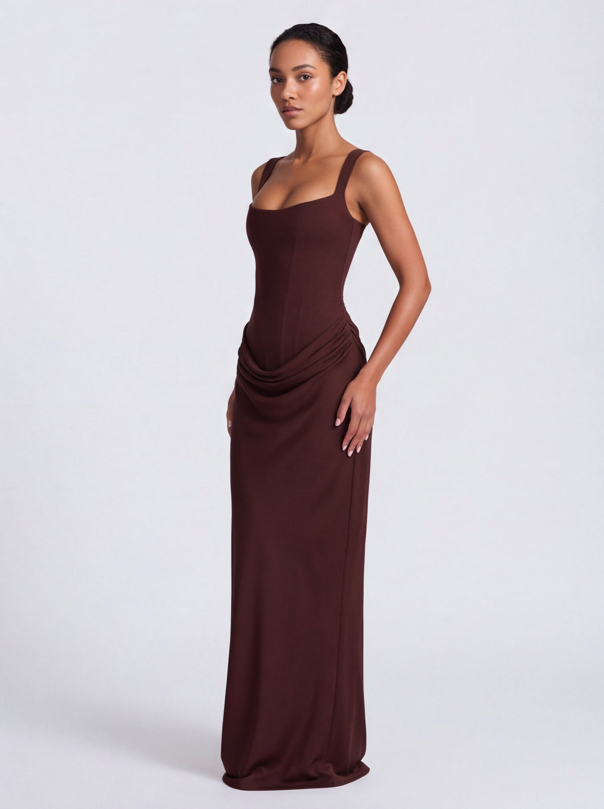 Satin Corset Bodice Square Neck Maxi Dress