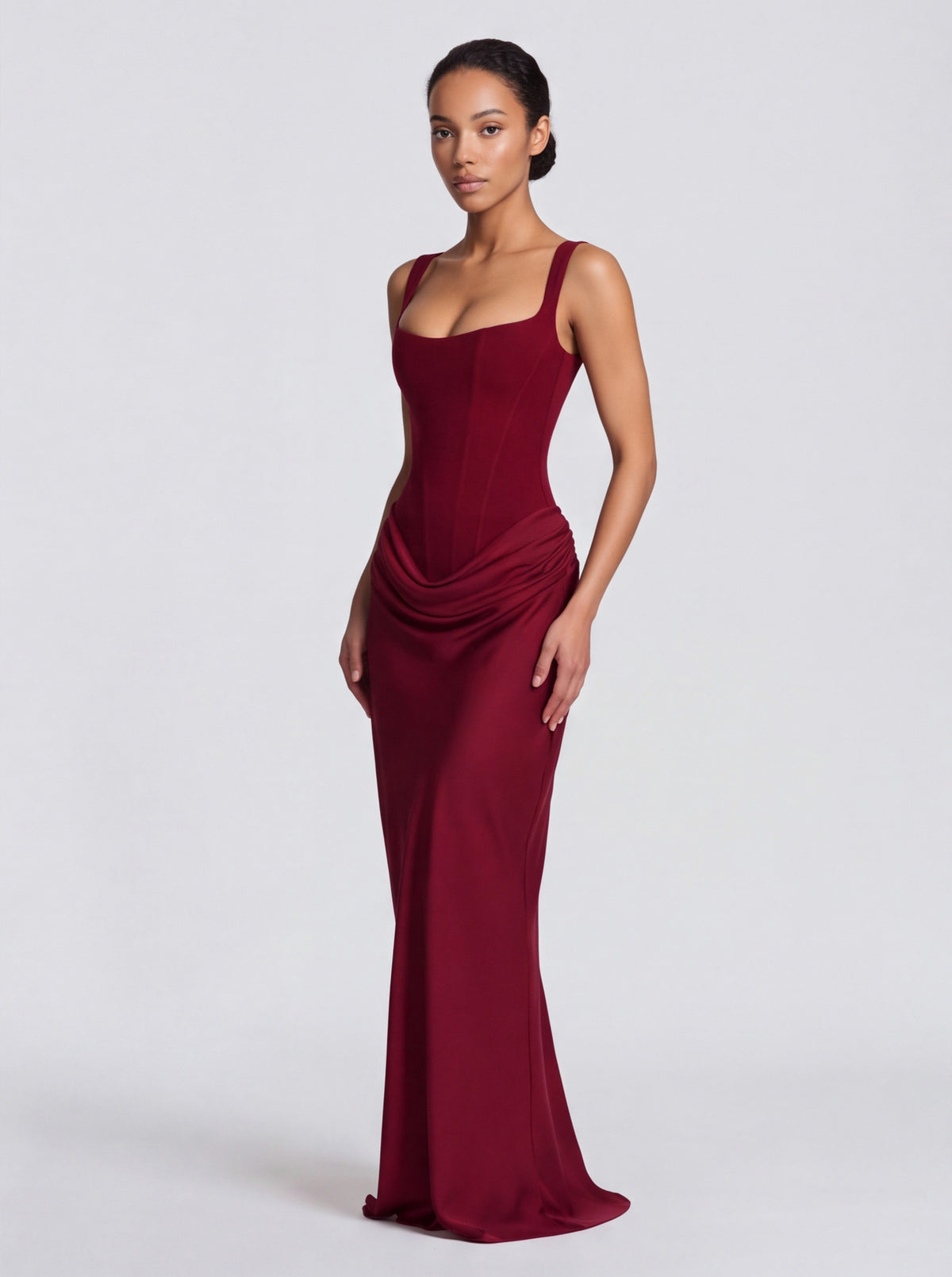 Satin Corset Bodice Square Neck Maxi Dress