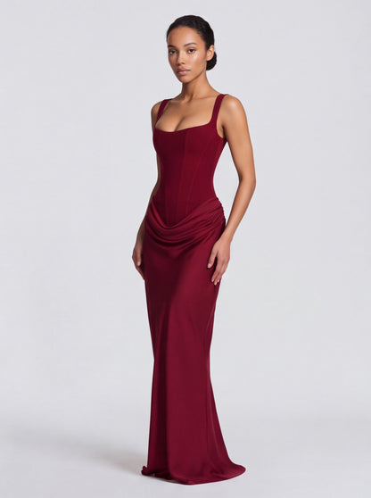 Satin Corset Bodice Square Neck Maxi Dress