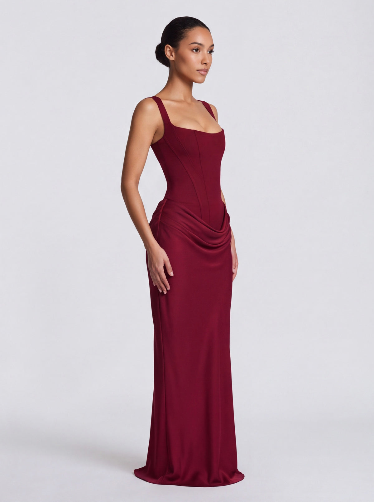 Satin Corset Bodice Square Neck Maxi Dress