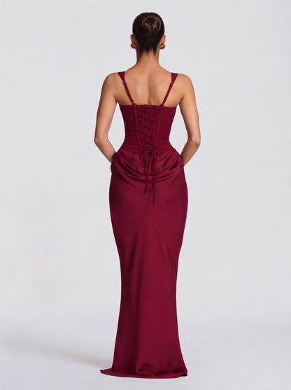 Satin Corset Bodice Square Neck Maxi Dress