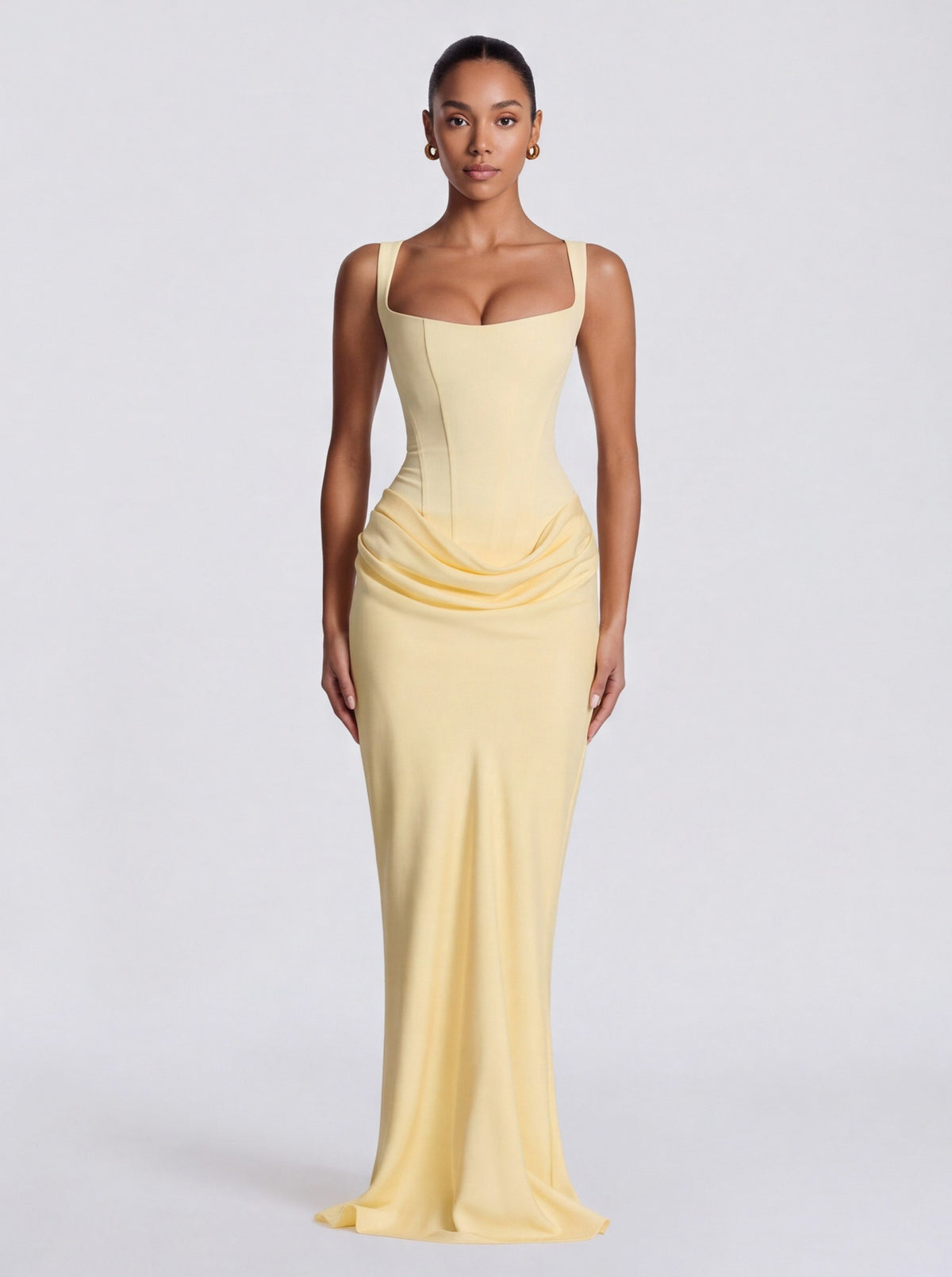 Satin Corset Bodice Square Neck Maxi Dress