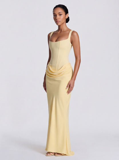 Satin Corset Bodice Square Neck Maxi Dress