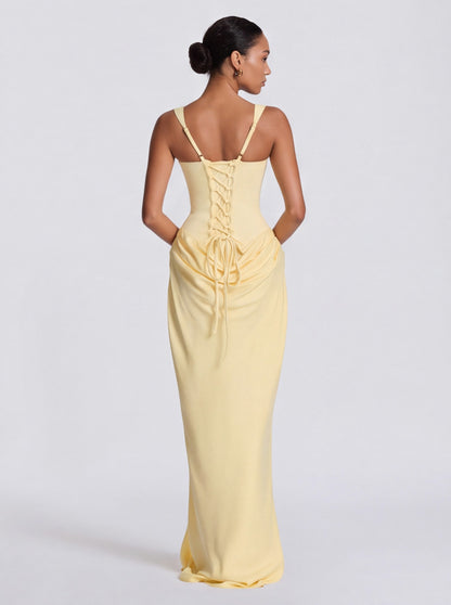Satin Corset Bodice Square Neck Maxi Dress