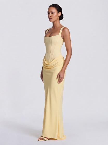 Satin Corset Bodice Square Neck Maxi Dress