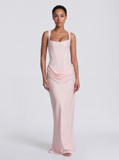 Satin Corset Bodice Square Neck Maxi Dress